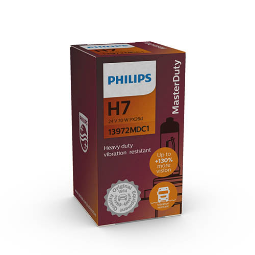Philips Halogen Globe H7 24V 70W PX26D Master Duty +130% More Light 3200K Boxed (Single)