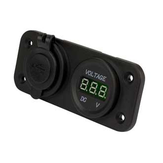 Double USB Socket and Voltmeter, Panel Mount, 12/24V Input