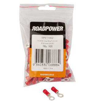 Roadpower Insulated Ring Crimp Terminal Red 4.0mm Eye Qty 100