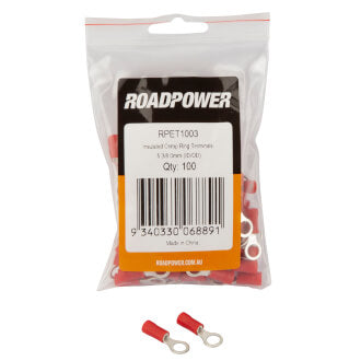 Roadpower Insulated Ring Crimp Terminal Red 5.0mm Eye Qty 100